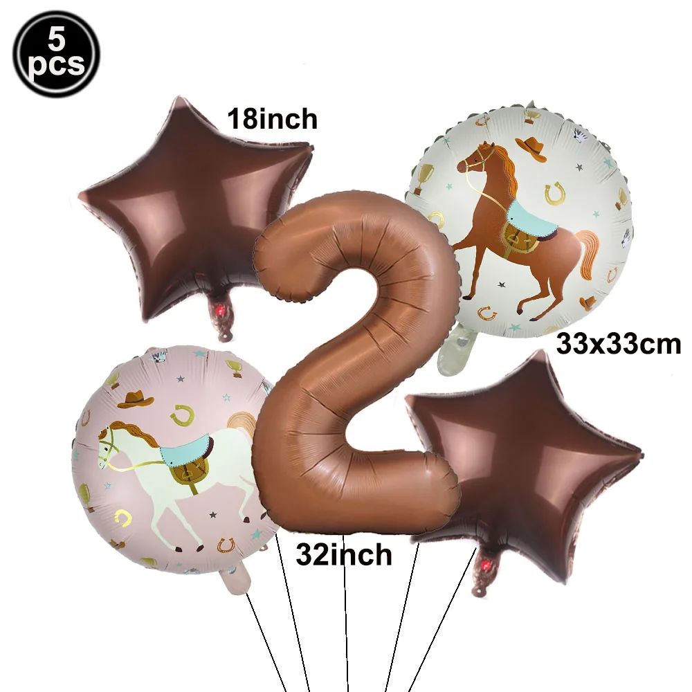 5-teiliges Set Folienballon 18 Zoll Pferde-Folienballon 32 Zoll Geburtstags-Digitalballon Western Cowboy Geburtstag Babyparty Dekorationen – Detail 3