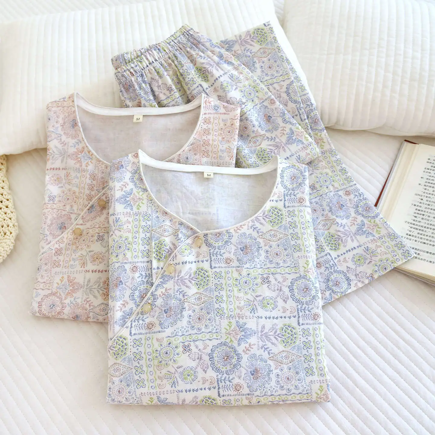 Women's Pajama Set Cotton Long sleeved Round Neck Pullover Pants Two Piece Set for women Sleepwear Floral print Pajama