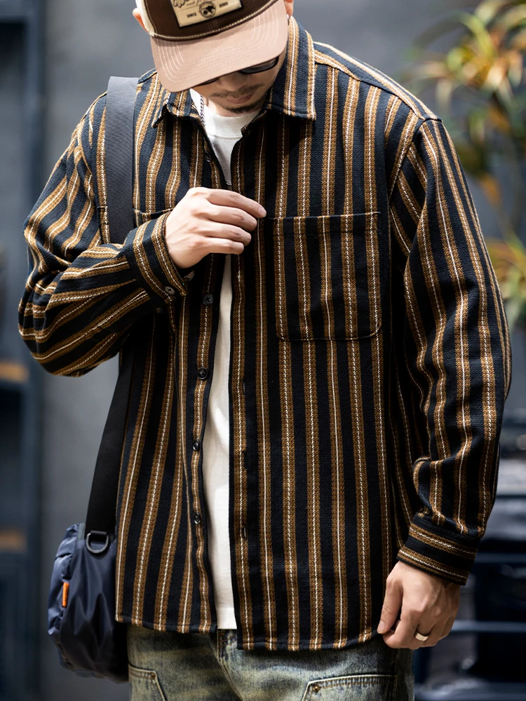 American Style Men's Loose Long Sleeve Striped Shirt Casual Outerwear Trendy Brand Autumn New Style Comfortable Cotton Polyes...