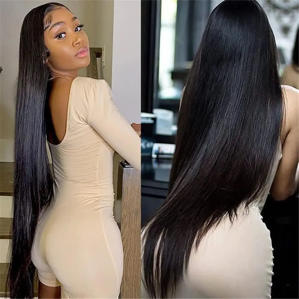 Perruque Lace Front Wig Remy naturelle lisse, 13x4 HD, 14-48 pouces, pre-plucked, densité 250, perruque pour femmes africaines