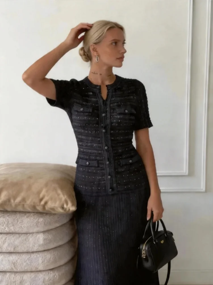 Tenues deux pièces en tricot à strass pour femmes, coupe ajustée, manches courtes, col rond, jupe sirène évasée, tenue de soirée pour femmes