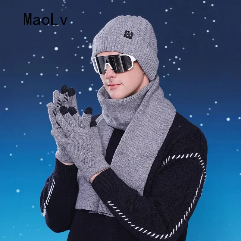 3pcs Winter Men Wool Hat Scarf Gloves Set Russia Knitted Hat Outdoor Warmer Windproof Ear Protection Beanies Cap  Gorras