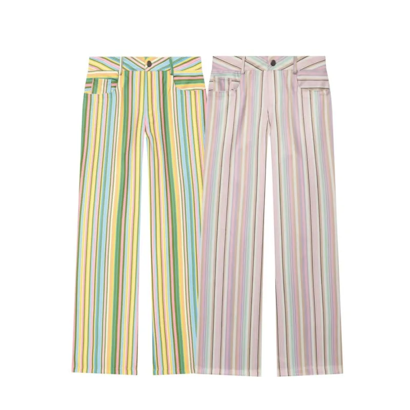 Women's Striped Trousers New 2026 Summer Fashion Low-Rise Wide Leg Pocket Trousers Casual Female Streetwear Pants