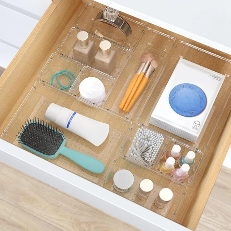 Clear Plastic Drawer Storage Box Set, Desk Drawer Storage Tray, For Cosmetics, Jewelry, Kitchen Utensils