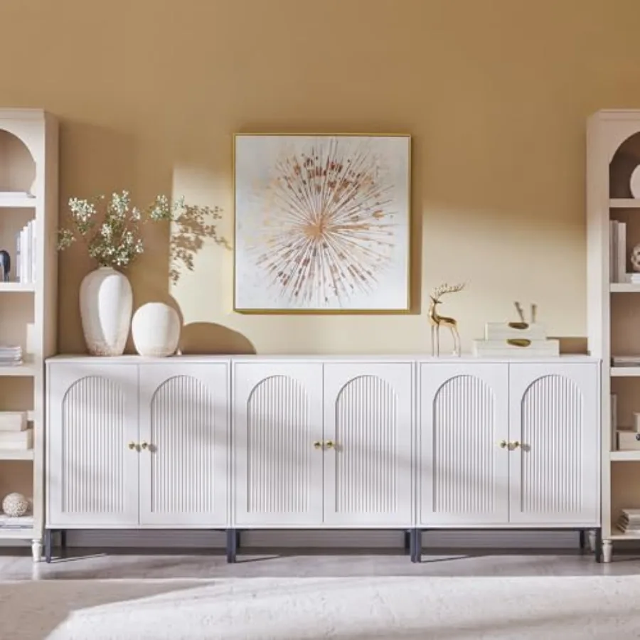 92.63 W Modern Arched Sideboard Buffet Cabinet with Storage for Living Room or Dining Room, Elegant White Finish, Spacious Shel