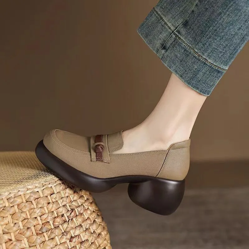 Spring Autumn New Thick Bottom Round Head Single Shoes with Color blocked Coarse Heel Thick Bottom Simple Comfortable Shoes