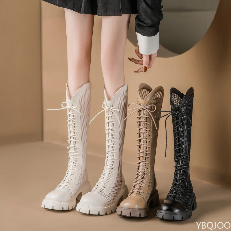 

Spring summer new breathable thick soled boots lace up fashion versatile women's boots elegant simple hollow out women's shoes