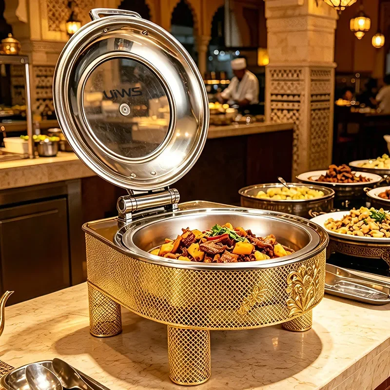 6L Stainless Steel Round Buffet Warmer with Hydraulic Lid Alcohol Fuel Food Heating Container for Small Hot Pot Catering