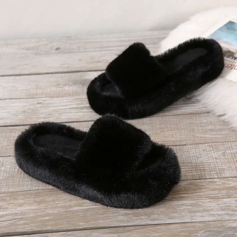 2022 Daughter Quality Luxury One Word Thick Sole Warm Plus Velvet Home Women Shoes Plush Open Toe Cotton Slippers