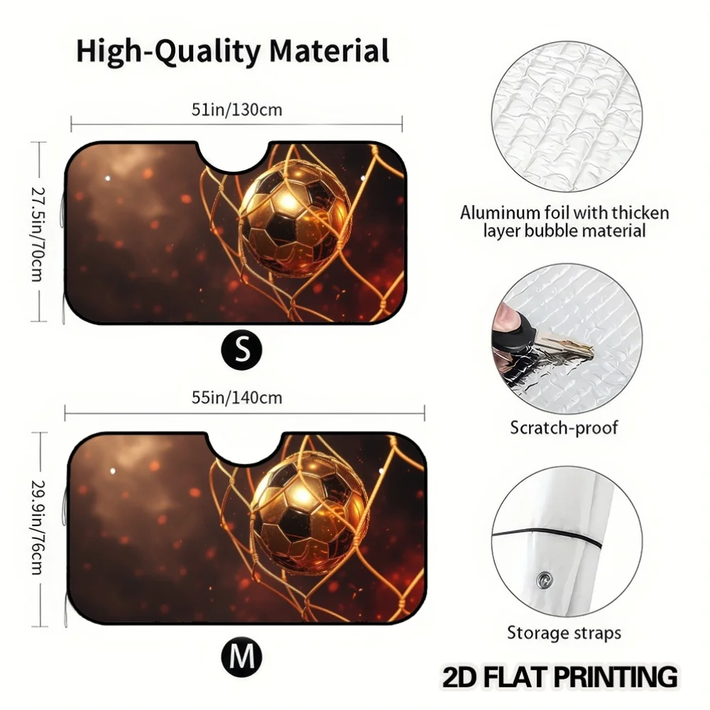 2D Flat Printing, 1pc Golden Soccer Ball Scene Pattern Car Sun Visor, Single Piece Design with Suction Cups, Designed