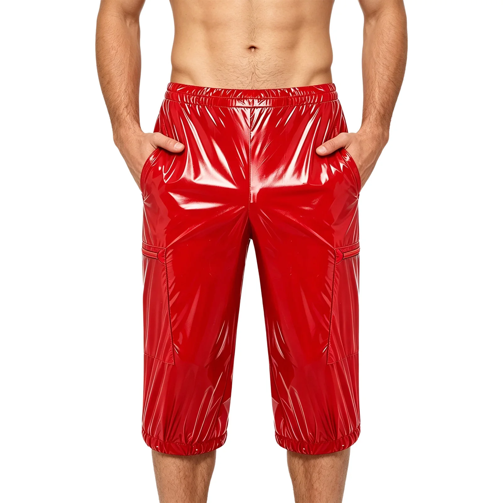 

Мужские глянцевые шорты-карго, водонепроницаемые, с эластичным поясом, с несколькими карманами на молнии, комбинезоны, брюки-капри, клубная одежда для танцев, пляжная одежда, купальники