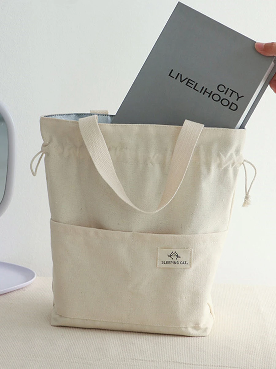 Isolierte Lunchtasche aus Segeltuch mit Kordelzug, verdickte Aluminiumfolie, Thermo-Bento-Box, Tragetasche, Kühler, Handtaschen für Büro, Picknick im Freien – Detail 4
