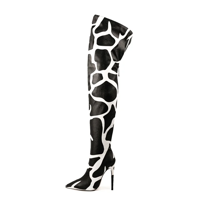 Sexy Women Super High Heels Knee High Boots Giraffe Print Modern Boots Pointed Toe Long Boots  Back Zipper Stylish Big Size 47