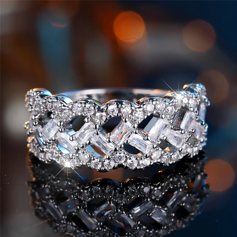 Trendy Crystal White Zircon Stone Vintage Silver Color Wedding Bands Engagement Rings For Women Men Minimalist Jewelry