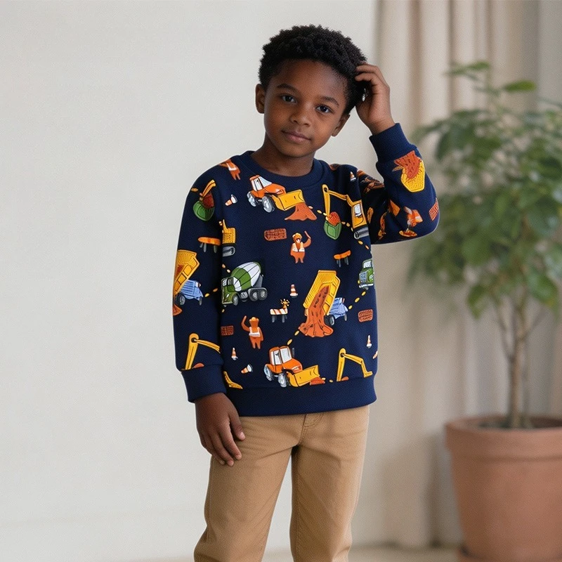 1-7T Kids Boys 100% Cotton Tops Pullover Hoodies Sweatshirts, Excavator Truck Cartoon All‑Over Print Long Sleeve Children Top