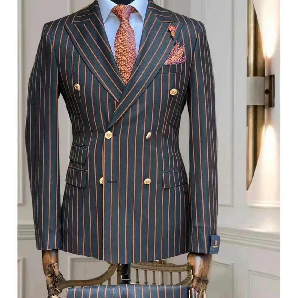 

Chic Striped Men Suits Two Piece Latest Design Business Causal Suit Slim Peak Lapel Double Breasted Male Clothing (Blazer+Pants)