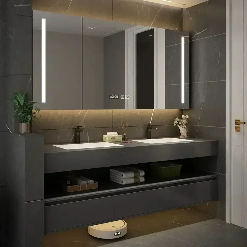 Mirror Cabinet, Bathroom Vanity, Rock Board, Single and Double Sink Floating, with Smart Mirror, Suitable for Bathroom Bathing