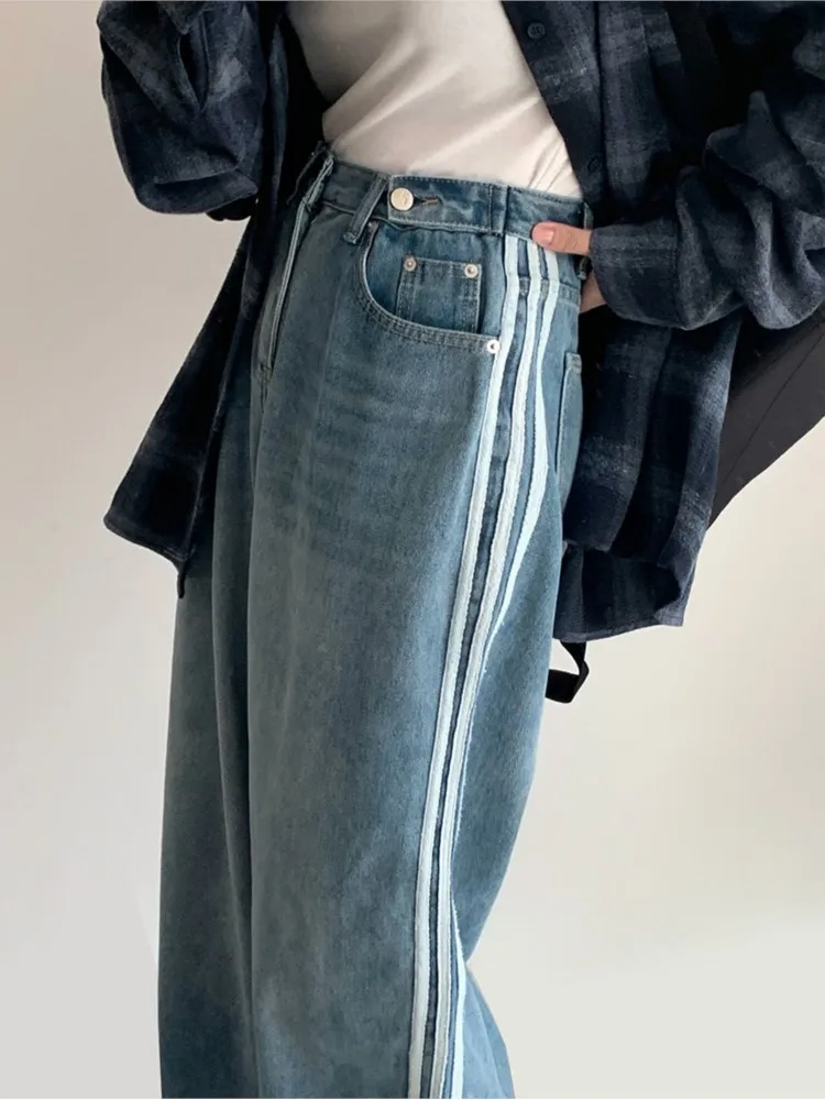 Jeans de perna larga de cintura alta feminina, calça plissada feminina, listrada, solta, casual, moda coreana, outono, inverno, 2023