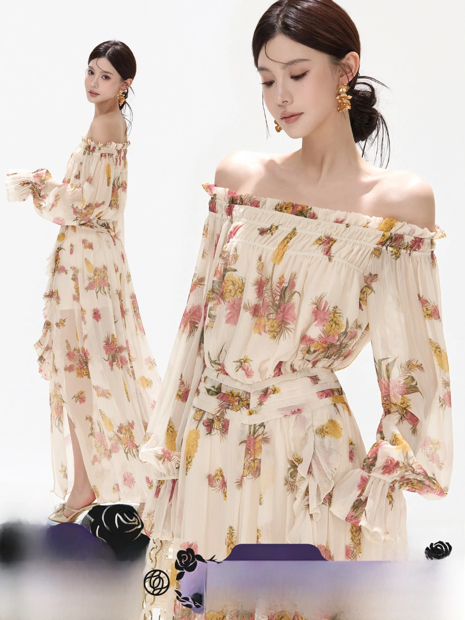 

CYNR Original Design French Riviera Memory Plant Print Chiffon Slim Fit Holiday One Shoulder Dress Tea Break Skirt