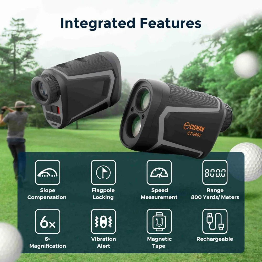 CIGMAN CT-800Y 800m Golf Rangefinder, with 6X Magnification, Flag Pole Locking Vibration, Magnetic Strap, USB Rechargeable