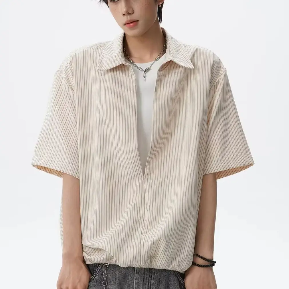 American Striped Fake Two Piece Collared Short Sleeve Tee For Males Summer Korean‑Inspired Casual Trendy Creative Versatile