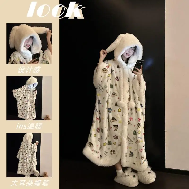 Pijama con Capucha de Crayon Shin Chan, Bata de Terciopelo Coral para Mujer, Pijama de Otoño e Invierno, Bata Larga y Holgada, Regalo para Niñas