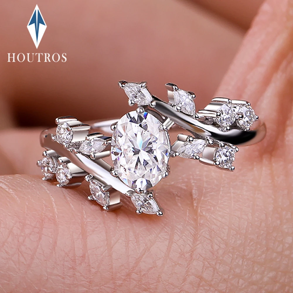 

5X7mm Oval Cut Full Moissanite Ring for Women 925 Sterling Silver Nature Inspired Leaf Ring Engagement Wedding Band Jewelry Gift