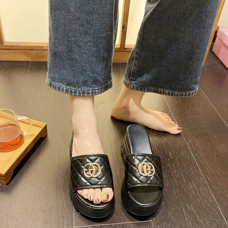 Chain Wedges Slippers Women High Heels Platform Shoes Summer 2024 Luxury Open Toe Flip Flops Beach Sandals Pumps Mujer Slides