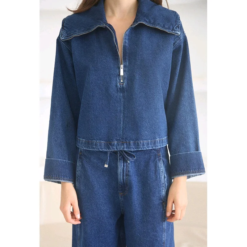 

Хлопковая джинсовая ткань на молнии или Jaet 647064, универсальные джинсы с высокой талией 647065, весенний комплект Faion с длинным воротником све