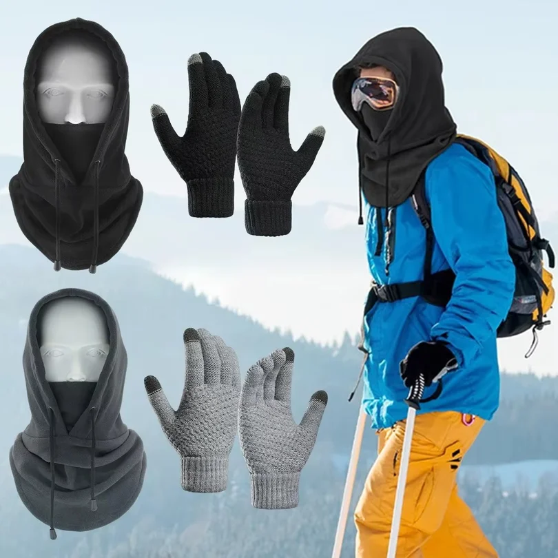 Winter Warm Set Hat and Gloves Winter Accessories Balaclava Cap Men's Sports Touchscreen Faux Cashmere Gloves Cold Weather Gear