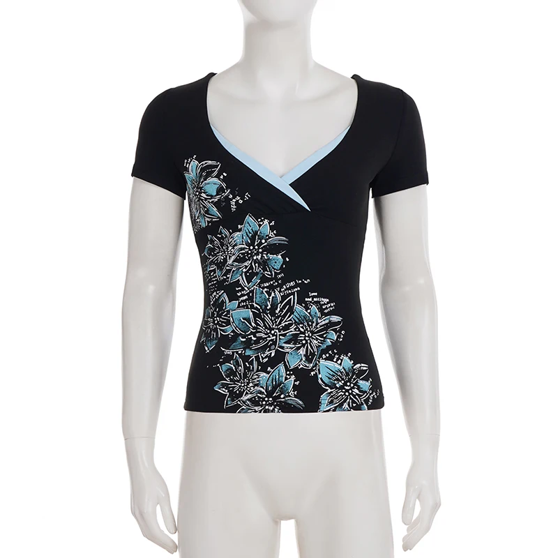 SUCHCUTE Retro-T-Shirt mit Blumendruck und Kontrast für Damen, V-Ausschnitt, kurzärmelig, Sommer-Slim-Tops, Y2k, lässiges Outfit, Streetwear – Detail 4