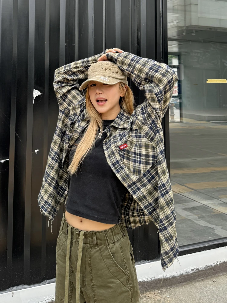 

CCYEBrand American Sle Long Sve Fce Flannel Contrast Color irt Vintage Loose Couple Outerwear Summer Street Sle