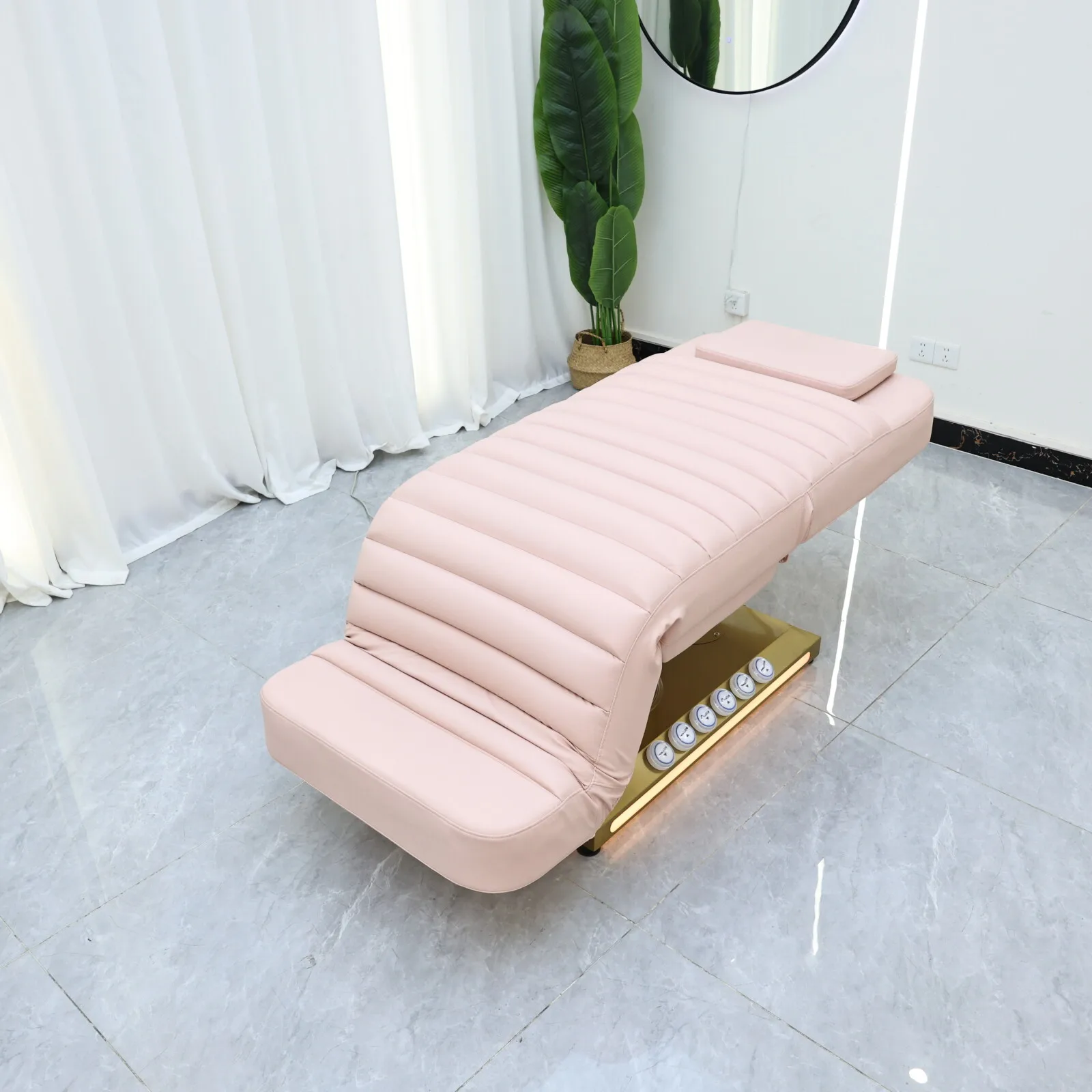 Electric Beauty Bed Adjustable Facial Massage Bed with Headrest Channel Tufted Gold Base LED Light Spa Lash Tattoo Pink