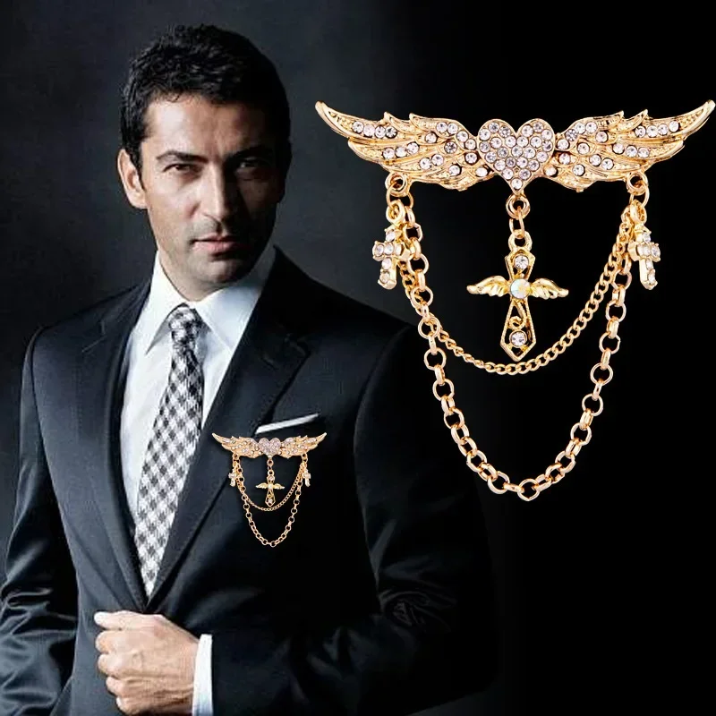 British Style Crown Angle Wings Tassel Chain Brooch Vintage Badge Cross Suit Lapel Pin Corsage Men Accessories Jewelry Luxury