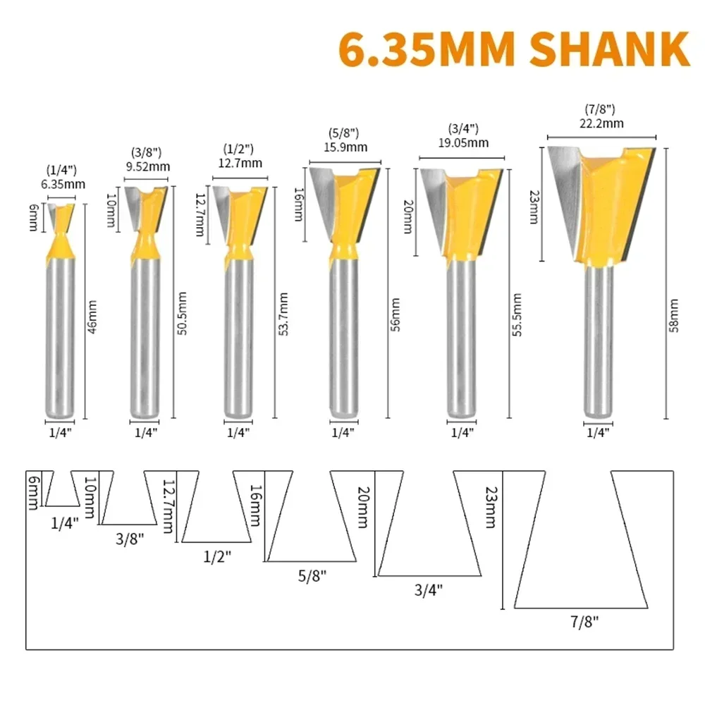 6mm 6.35mm 8mm 12mm 12.7mm Shank Dovetail Joint Router Bit Set 14 Degree Woodworking Engraving Milling Cutters for Wood Tools