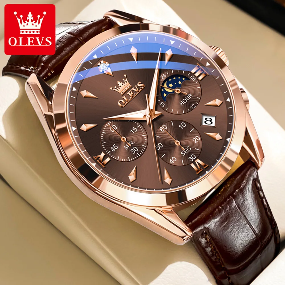 OLEVS Brand New Fashion Chronograph Quartz Watch Men Leather Strap Waterproof Luminous Calendar Mens Watches Relogio Masculino
