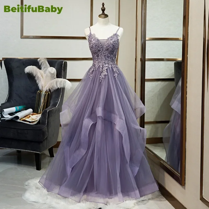 

BeitifuBaby Women's Banquet Evening Dress Sling V-neck Appliques Lace Gauze Fairy Formal Dress Women Elegant Vestido De Festa