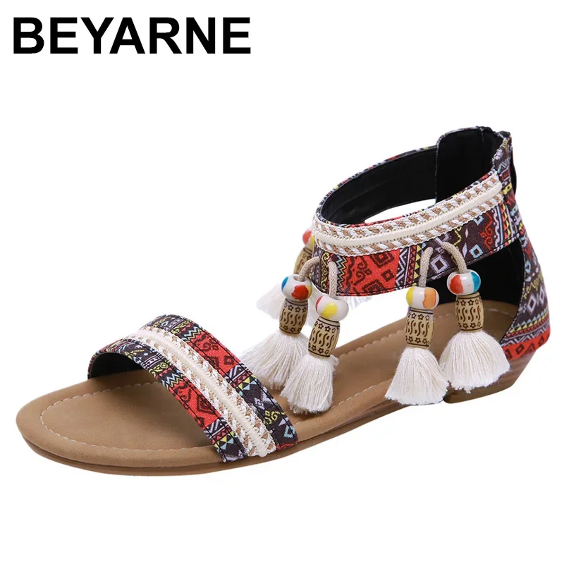 BEYARNE Women Sandals Summer Ladies Bohemian Ethnic Style Flat Shoes Female Sandals Rhinestone Sandals Beach Comfortable Slipper