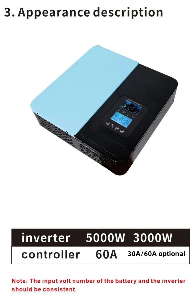 12 فولت 24 فولت 48 فولت 60 فولت MPPT العاكس للطاقة الشمسية 3000 واط 5000 الهجين العاكس مع وحدة تحكم بالطاقة الشمسية 30A/60A خارج الشبكة نقية شرط العاكس 110 فولت