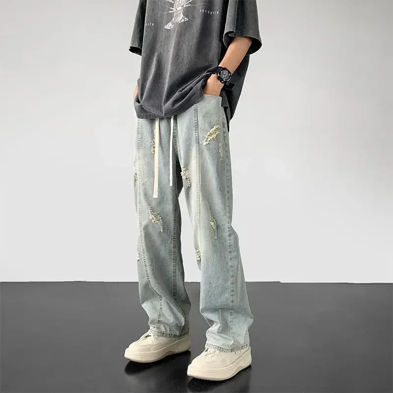 

Jeans for Men Large Size with Holes Trousers Straight Male Cowboy Pants Torn Light Blue Ripped Broken New in Korean Style Kpop