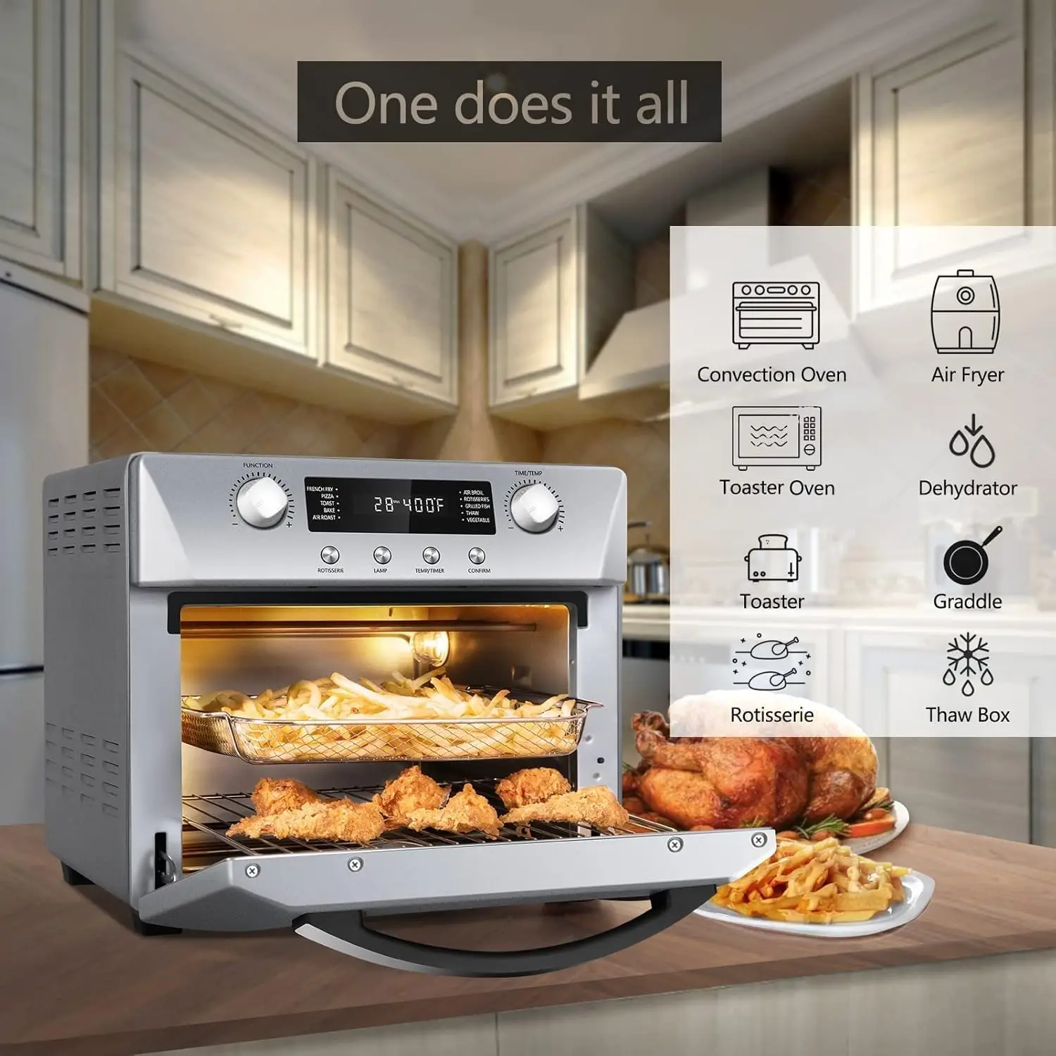 Air Fryer,10-in-1 Convection Toaster Oven Countertop, 24QT Airfryer Toaster Oven Combo with Rotisserie & Dehydrator,7 Accessorie