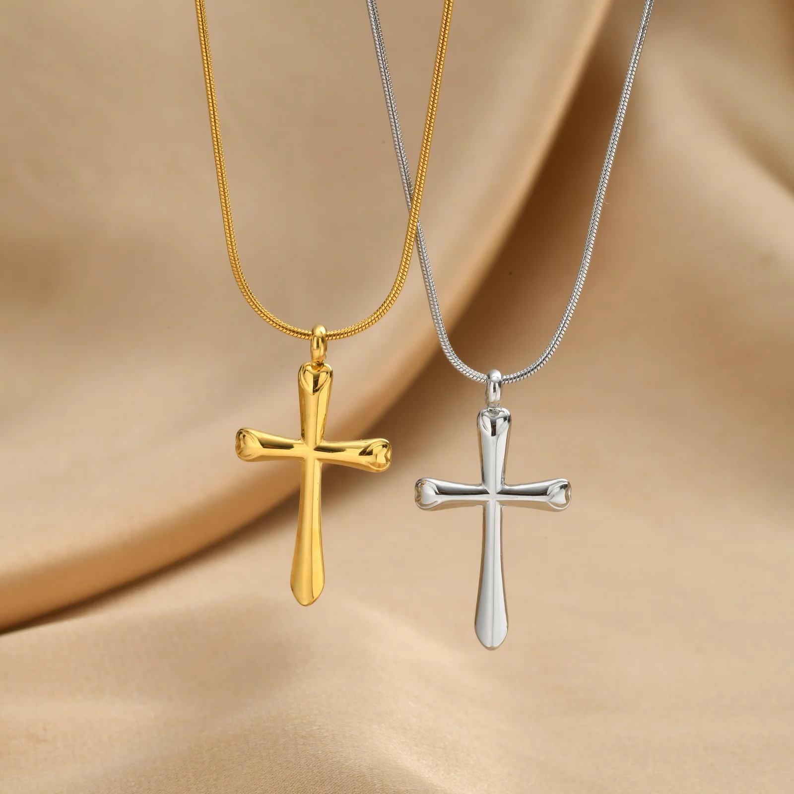 Cross Necklace 316L Stainless Steel Snake Chain Gold Color Jesus Pendant Religious Jewelry for Women