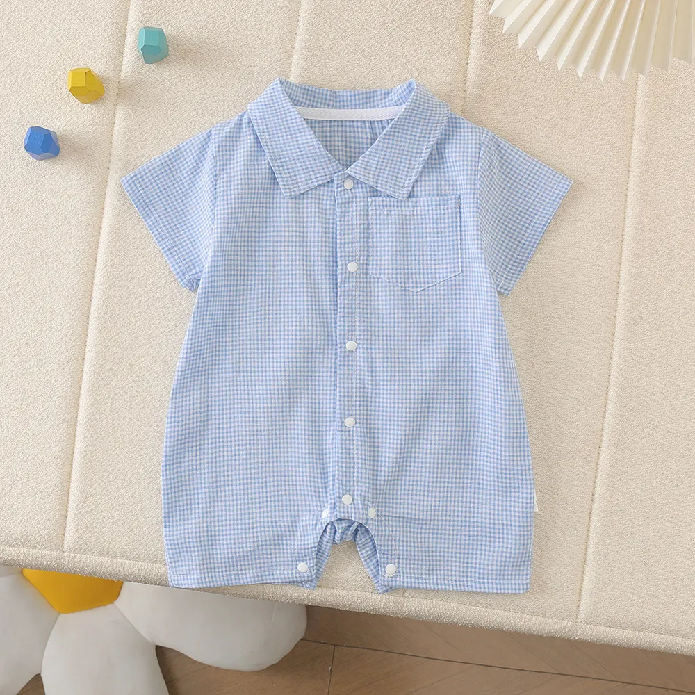 Infant and Toddler Summer Thin Short-Sleeved Romper for Boys and Girls, Plaid Simple Solid Color One-Piece Newborn Clothing That Absorbs Sweat and Is Breathable