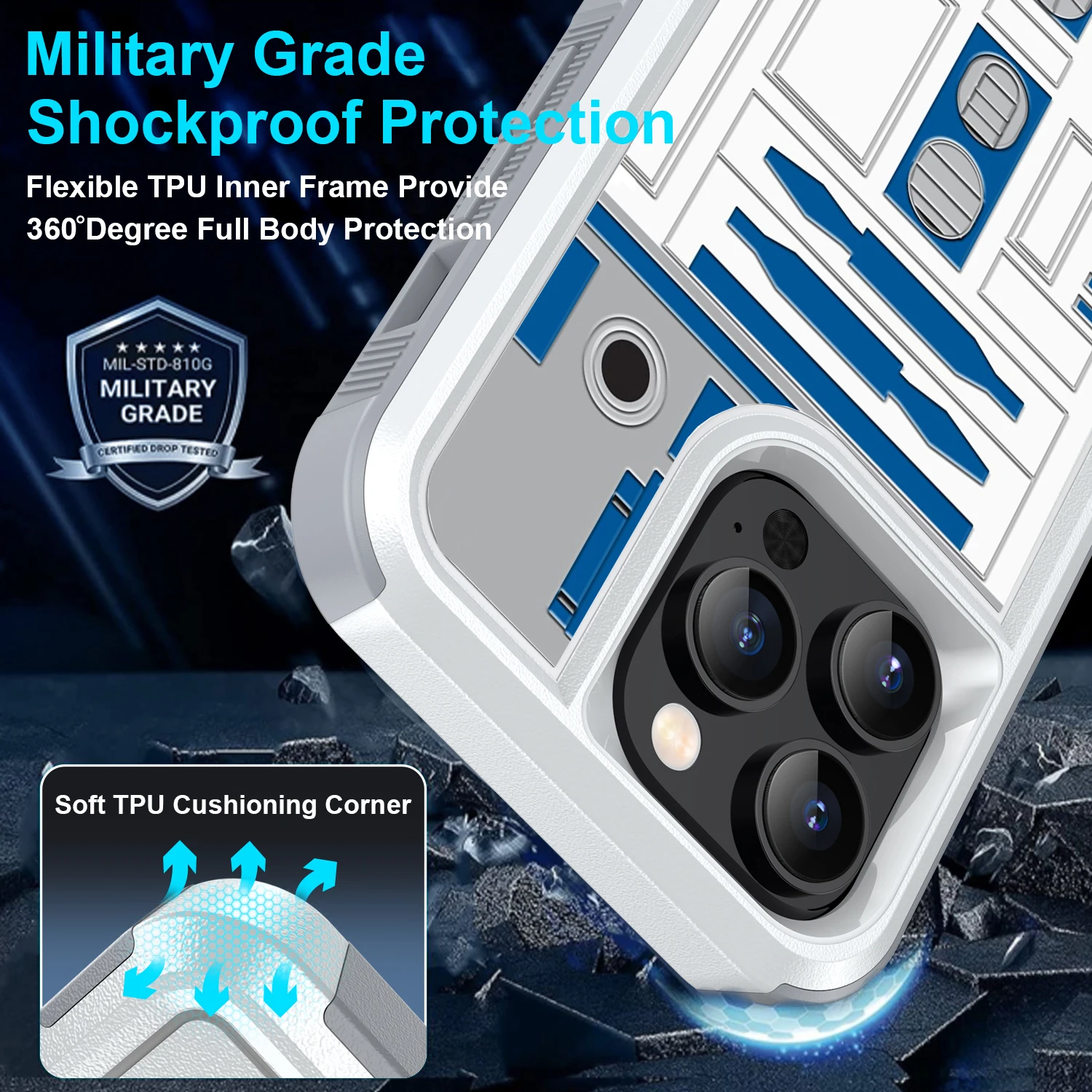 Case For IPhone SE2 XS XR 11 12 13 14 15 16 Plus Pro Max R2D2 Astronaut Robot Dual Layer Shock-Absorption Protective Cover