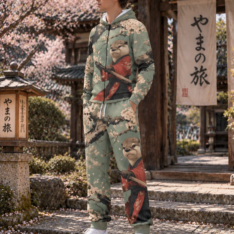 Men's Samurai Otter Tracksuit 2Pcs Set Cherry Blossom Print Zip Up Hoodie Sweatpants Japanese Anime Streetwear view 3