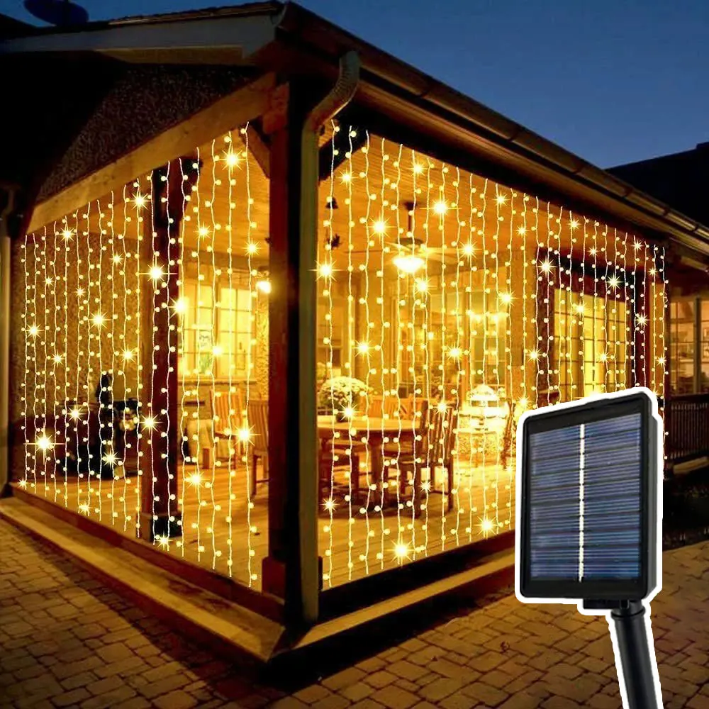 

LED Solar Curtain String Lights 8 Lighting Modes Great for Wedding Party Pergola Garden Decoration Outdoor Christmas Lighting