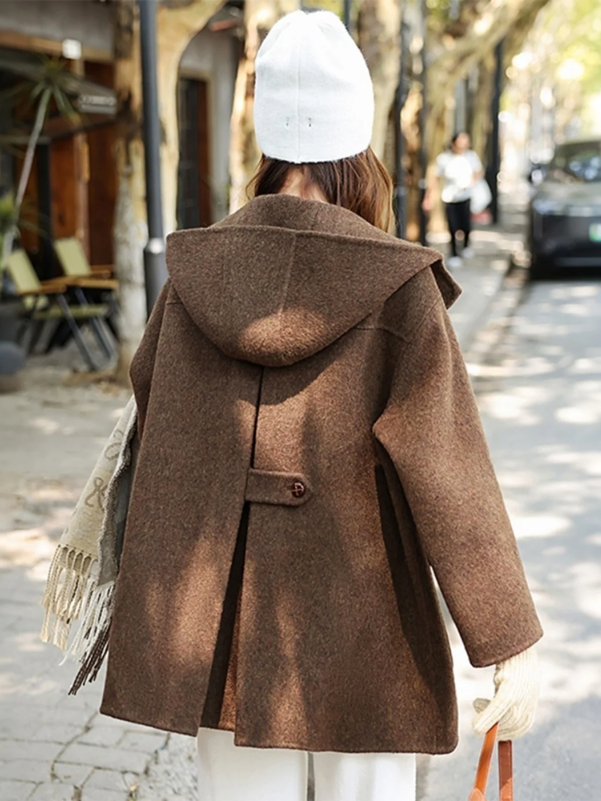 

Faionable Fall Winter Houtooth Woolen Coat Women's Loose Casual Slimming Hooded Single Buttoned Outerwear
