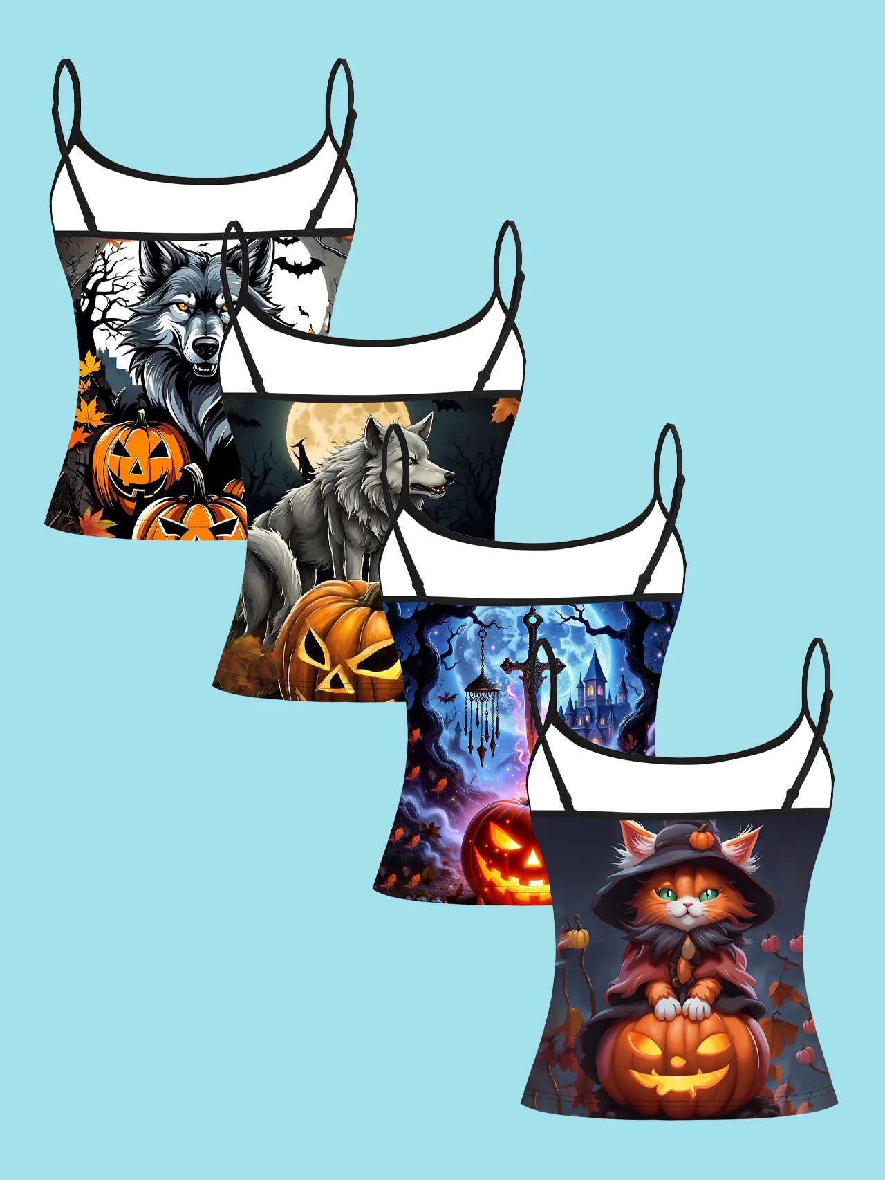 4-Piece Set of Halloween Wolf and Witch Cat Pumpkin Castle Women's Camisole Tops with Fantasy Dark Art Print, Slim-Fit Spaghetti Strap Short Camisole Tops