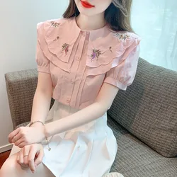 Retro Sweet Flower Embroidery Peter Pan Collar Women Shirts Chic Elegant Female Blouse Summer Casual Bubble Sleeve Cute Slim Top