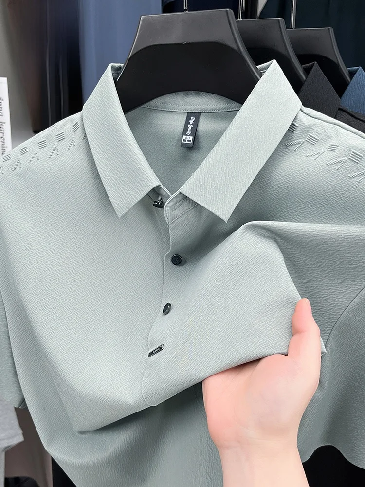 

Rn Ice Silk Men's ort Sve irt Summer Thin Comfortable Skin-friendly Pure Color Flip Collar Trendy Busin Casual